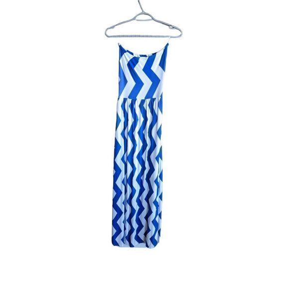 Coveted Clothing Maxi Dress Medium Blue White Chevron Strapless D1265 - Picture 3 of 5